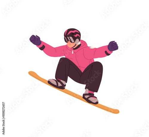 Happy athlete in outerwear snowboarding at ski resort. Professional rider in helmet does tricks, stunts, jumping with snow board. Extreme winter sport. Flat isolated vector illustration on white