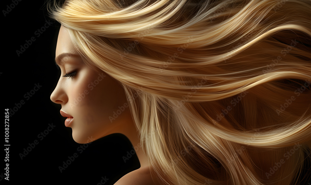 A beautiful woman with long, flowing blonde hair that is shiny and smooth, a black background, Conceptadvertisement for a hair salon or spa, Generative AI A beautiful woman with long, flowing blonde hair that is shiny and smooth, a black background, Conceptadvertisement for a hair salon or spa, Generative AI