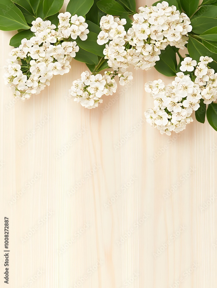 A serene arrangement of white flowers and green leaves on a light wooden background, evoking a fresh and natural aesthetic. A serene arrangement of white flowers and green leaves on a light wooden background, evoking a fresh and natural aesthetic.