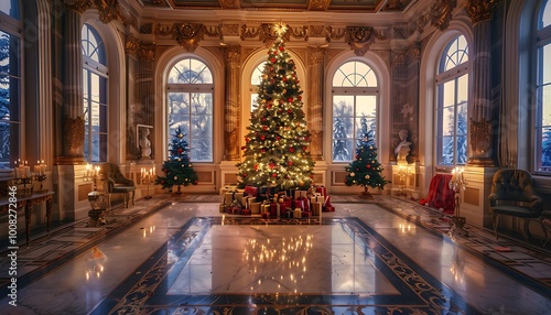 Christmas tree in the interior of the royal palace. 3D rendering