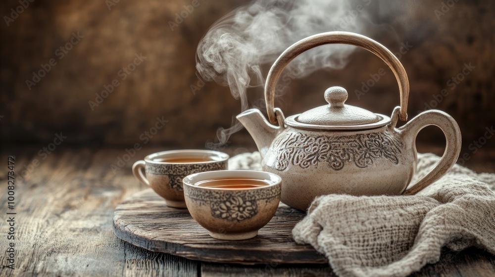 Fototapeta premium Steaming teapot and two teacups with intricate designs on a rustic wooden table.