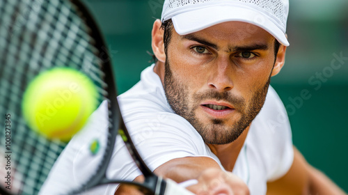 A professional tennis player focused on hitting a backhand shot, with the ball mid-air.