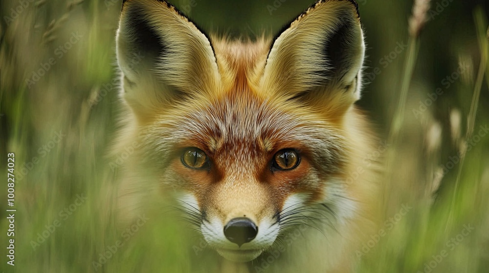 Obraz premium A close-up shot of a curious red fox peering through the tall grass