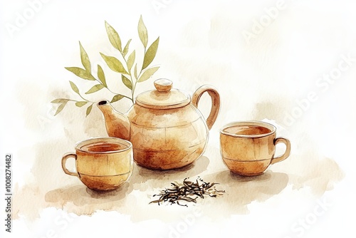 A cozy watercolor composition showcasing a rustic, hand-painted teapot alongside two photo