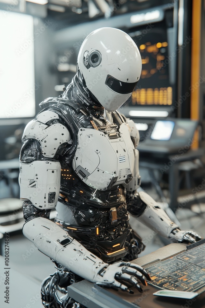 Fototapeta premium Artificial intelligence robot working at a computer in a futuristic environment.