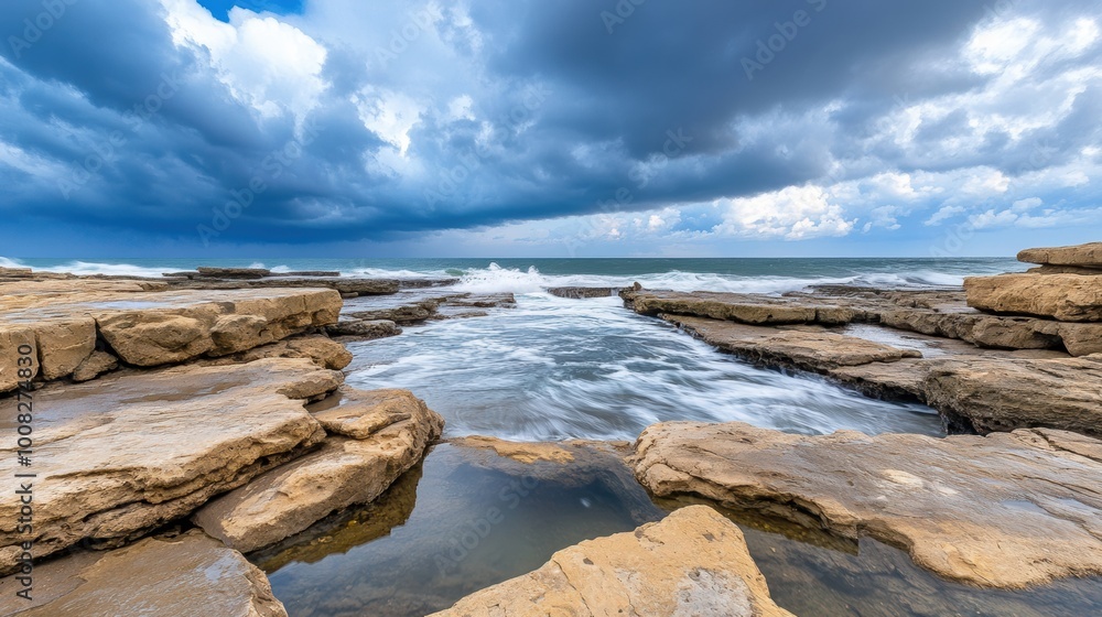 Obraz premium Coastal Landscape with Dramatic Sky and Ocean Waves