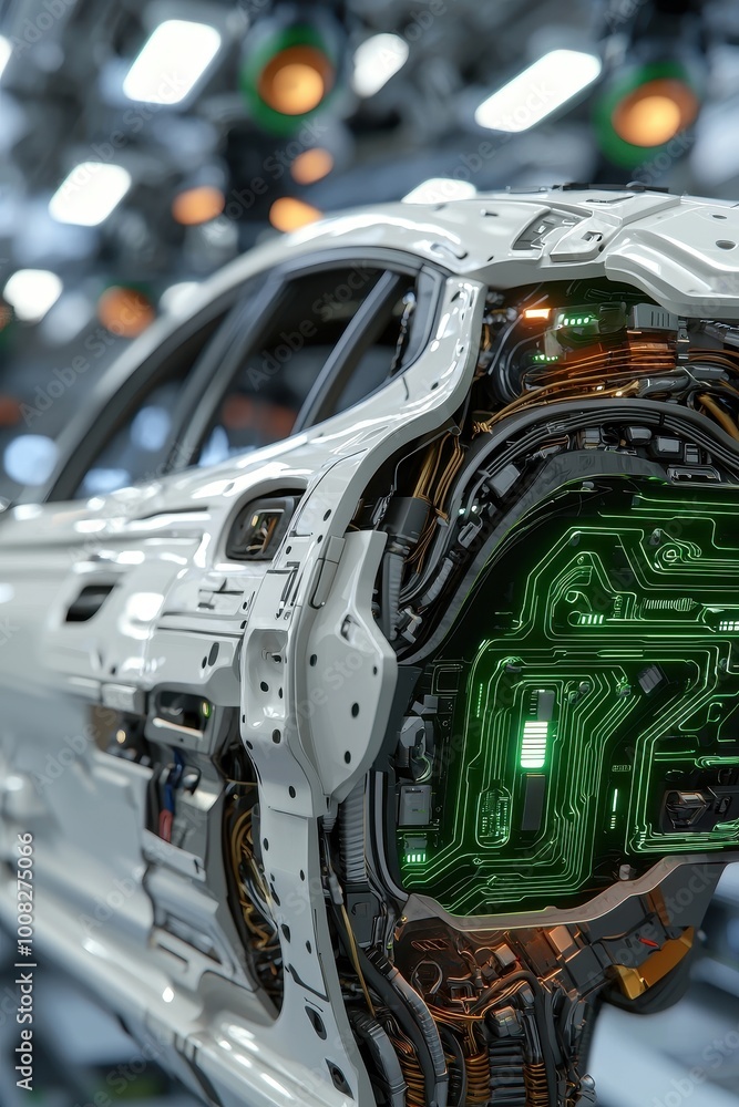 Fototapeta premium Close-up of a futuristic car chassis with complex circuitry and modern design elements.