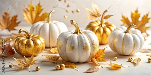 White and Gold Decorative Pumpkins with Golden Leaves on Pale Background for Autumn and Thanksgiving