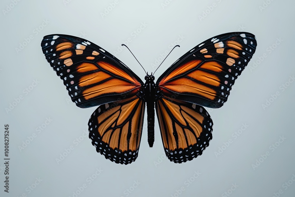 Fototapeta premium A detailed portrait of a Monarch butterfly with its iconic orange and black wings, positioned