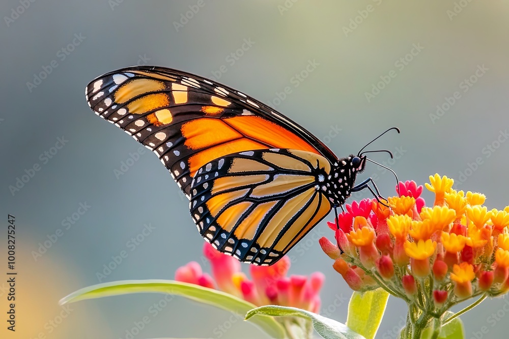 A detailed portrait of a Monarch butterfly with its iconic orange and black wings A detailed portrait of a Monarch butterfly with its iconic orange and black wings