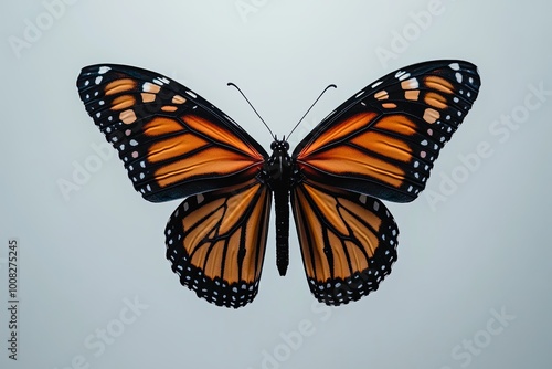 A detailed portrait of a Monarch butterfly with its iconic orange and black wings, positioned