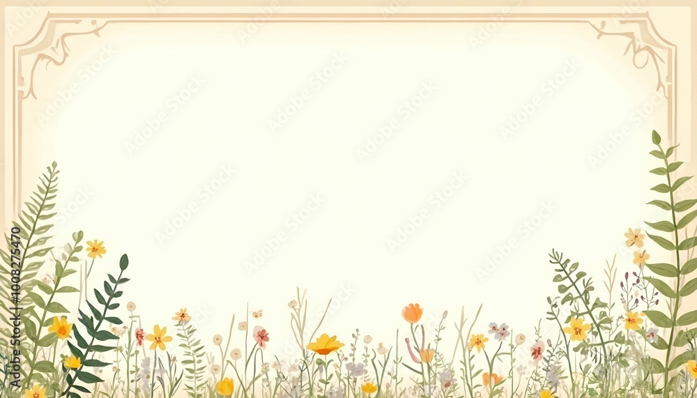 Obraz premium A charming pastel frame adorned with whimsical ferns and delicate wildflowers. The soft color palette and playful design create an inviting space, perfect for showcasing special moments or art.