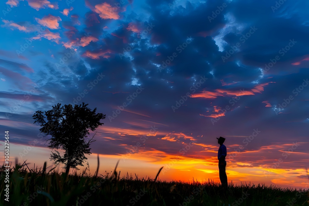 Obraz premium A silhouette of a person against a vibrant sunset sky with a lone tree.