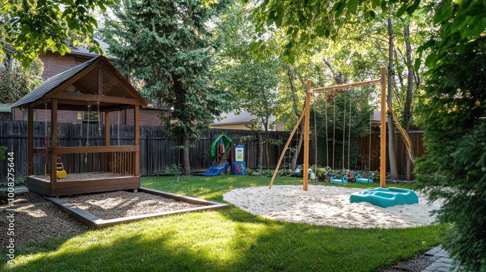 A backyard with a wooden playhouse, swings, and a sandbox. A backyard with a wooden playhouse, swings, and a sandbox.