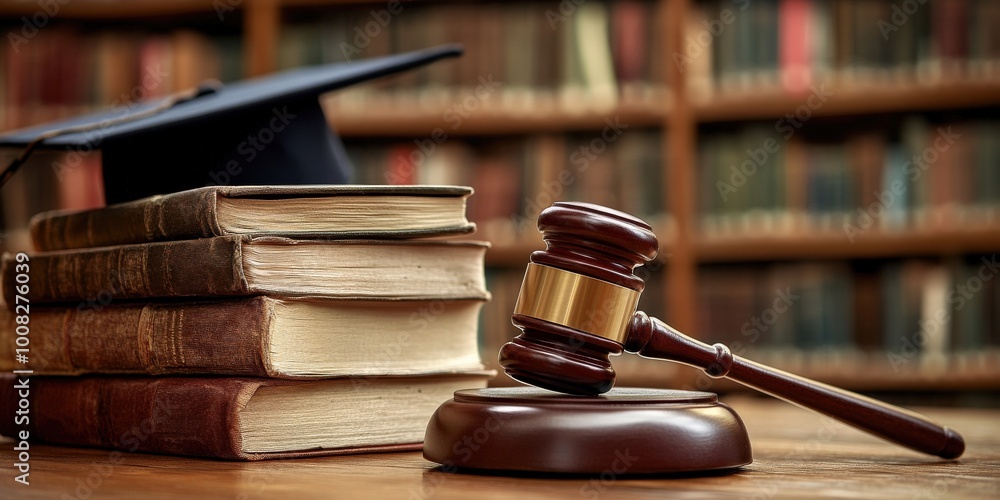 Gavel and Law Books with Graduation Cap in Library Setting Gavel and Law Books with Graduation Cap in Library Setting
