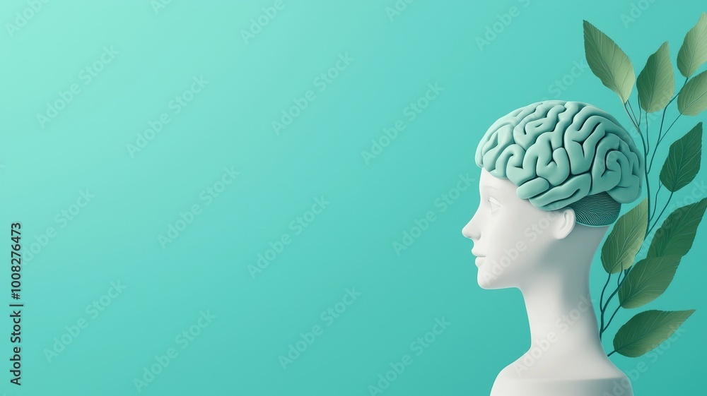 Profile of a human bust with a brain, green background and leaves. Profile of a human bust with a brain, green background and leaves.