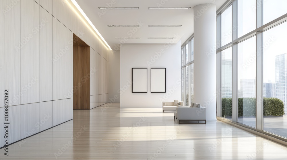 Modern interior with large windows and minimalist design, empty wall for art display. Modern interior with large windows and minimalist design, empty wall for art display.