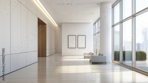 Modern interior with large windows and minimalist design, empty wall for art display.