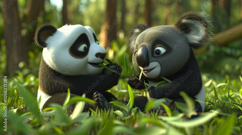 A 3D cartoon panda and a koala bear sharing bamboo in a serene forest clearing 3D cartoon A 3D cartoon panda and a koala bear sharing bamboo in a serene forest clearing 3D cartoon