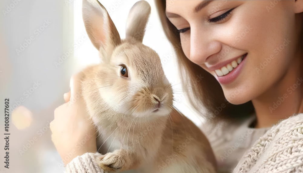 Young woman with adorable rabbit indoors, closeup. Lovely pet Young woman with adorable rabbit indoors, closeup. Lovely pet
