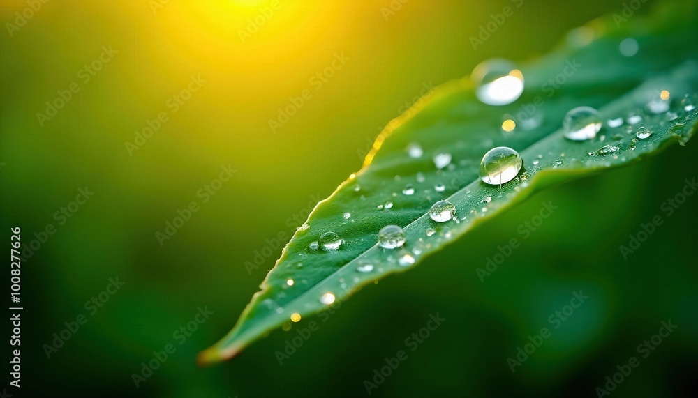 A close-up of fresh dew droplets resting on vibrant green leaves, showcasing the delicate, glistening beads of water. The natural light highlights the intricate details of the leaves and the refreshin A close-up of fresh dew droplets resting on vibrant green leaves, showcasing the delicate, glistening beads of water. The natural light highlights the intricate details of the leaves and the refreshin