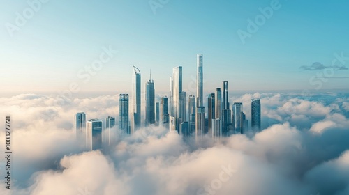 Skyline of a modern city above clouds during a blue sky.