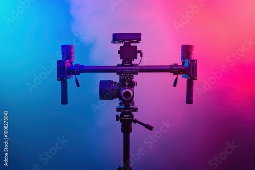 A vibrant film setup with a camera stabilizer bathed in colorful light, creating an artistic atmosphere during a creative shoot photo