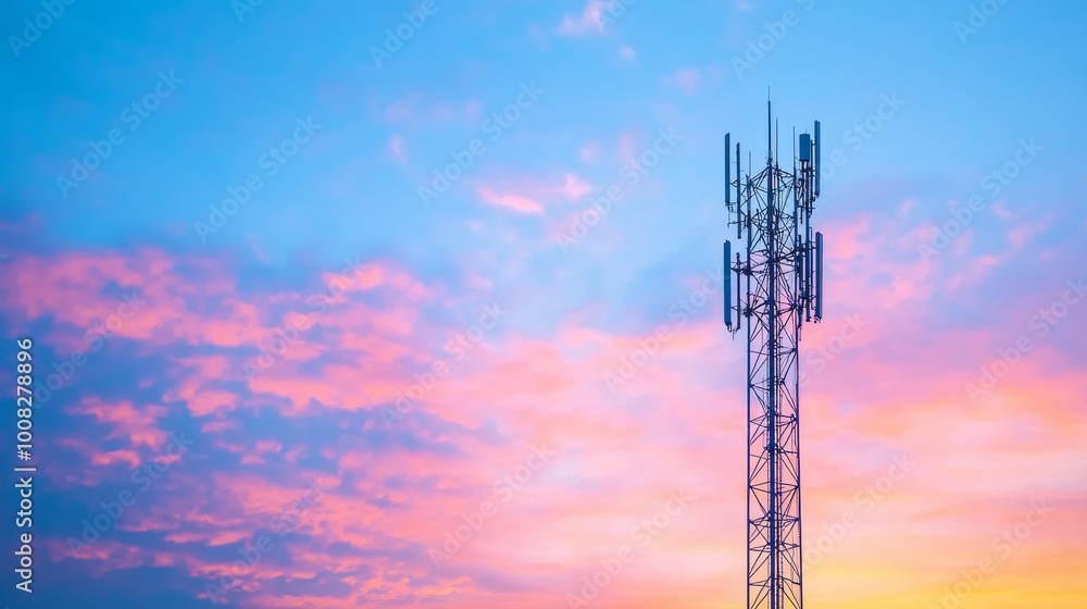 Cellular tower against colorful sunset sky, providing connectivity and communication. Cellular tower against colorful sunset sky, providing connectivity and communication.