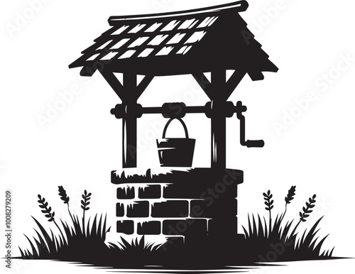 Village Water Well silhouette vector illustration isolated on a white background