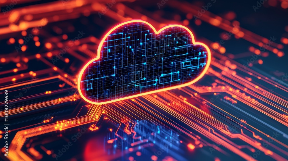 Digital cloud symbol with neon glow on a circuit board background. Digital cloud symbol with neon glow on a circuit board background.