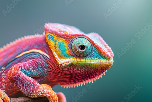 colorful chameleon with a green and pink face. The chameleon is sitting on a branch and looking at the camera