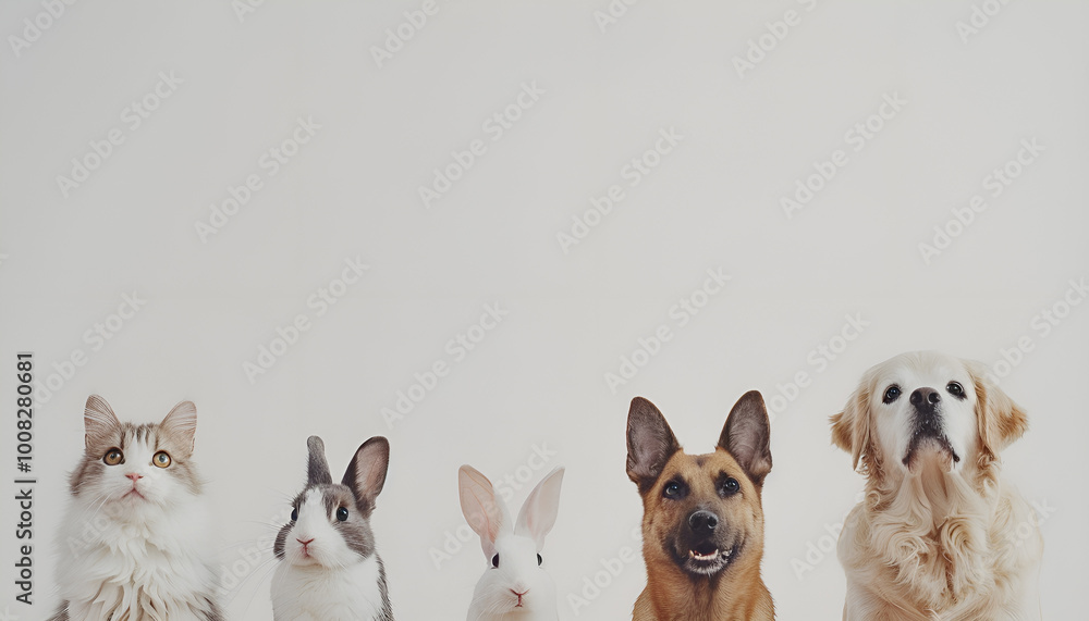 Collage with different animals, hamster, rabbit, cat, and dog on white background. Concept of animal, pet care, veterinary Collage with different animals, hamster, rabbit, cat, and dog on white background. Concept of animal, pet care, veterinary