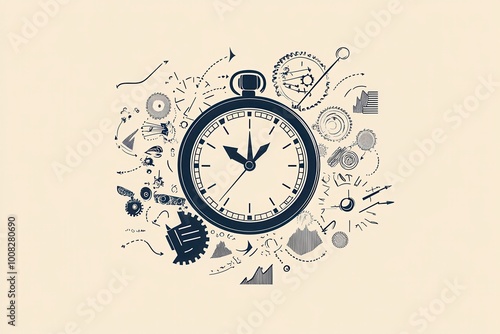 Vintage stopwatch surrounded by whimsical abstract elements, representing time management and creativity in a minimalistic style. photo