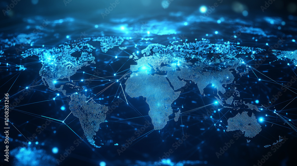 A light blue background with a digital world map and global network connections, A light blue background with a digital world map and global network connections,