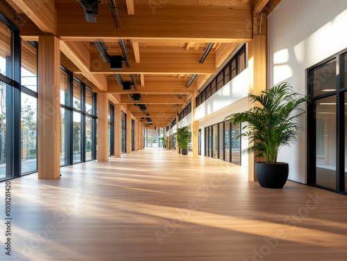 A modern mass timber office building with large open spaces and natural light streaming through windows. photo