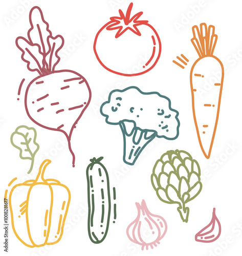 cute vector set of outline vegetables