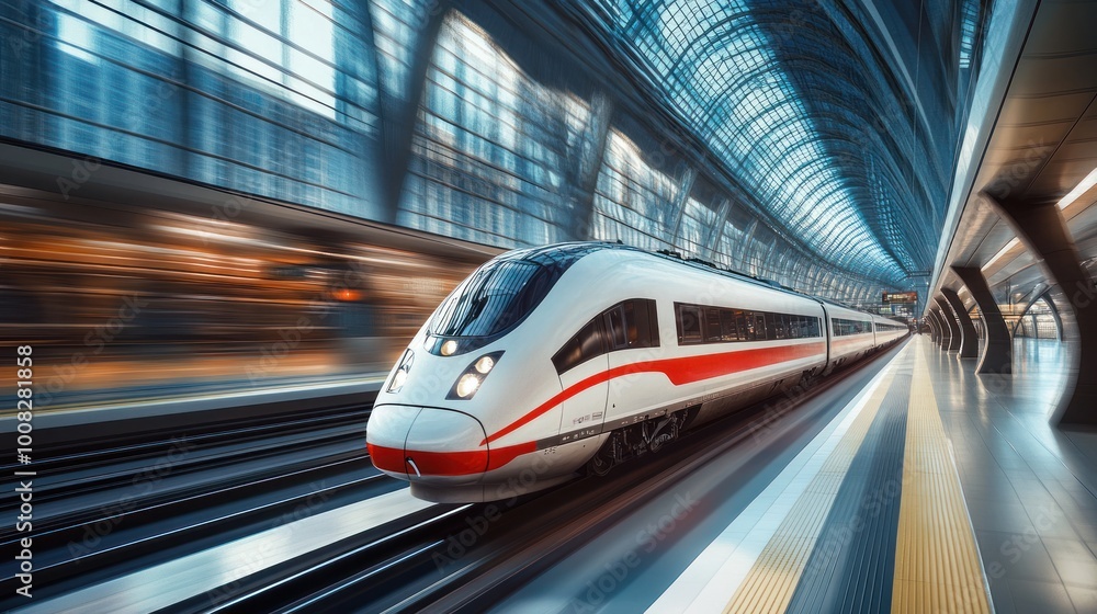 Modern high-speed train arriving at a platform with a glass roof. Modern high-speed train arriving at a platform with a glass roof.