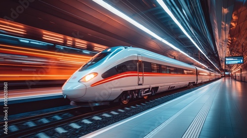 A high-speed train rushes through a train station, with lights blurring as it moves.