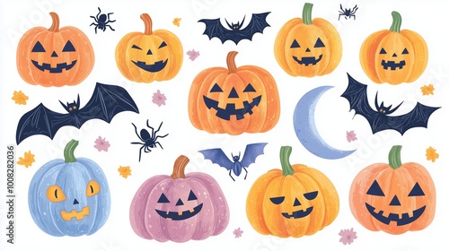 A collection of pictures of pumpkins ,spooky bats, during the Halloween festival.