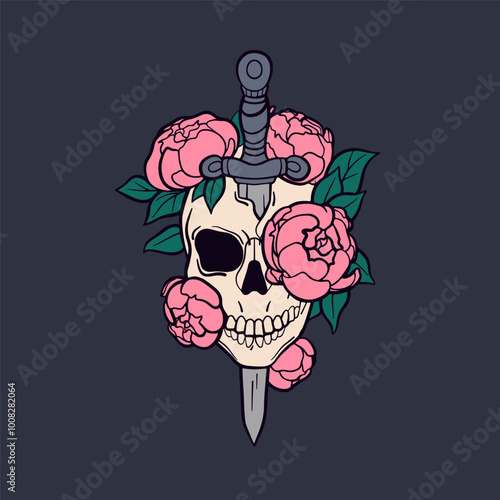 Skull pierced with dagger. Skeleton, head bone with sword blade and flower bl...