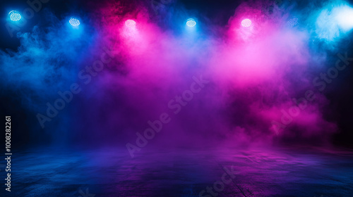 The dark stage shows, empty dark blue, purple, pink background, neon light, spotlights, The asphalt floor and studio room with smoke float up the interior texture for display products 