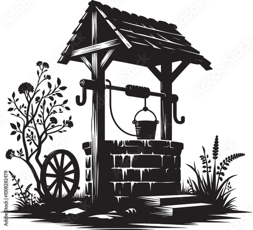 Village Water Well silhouette vector illustration isolated on a white background