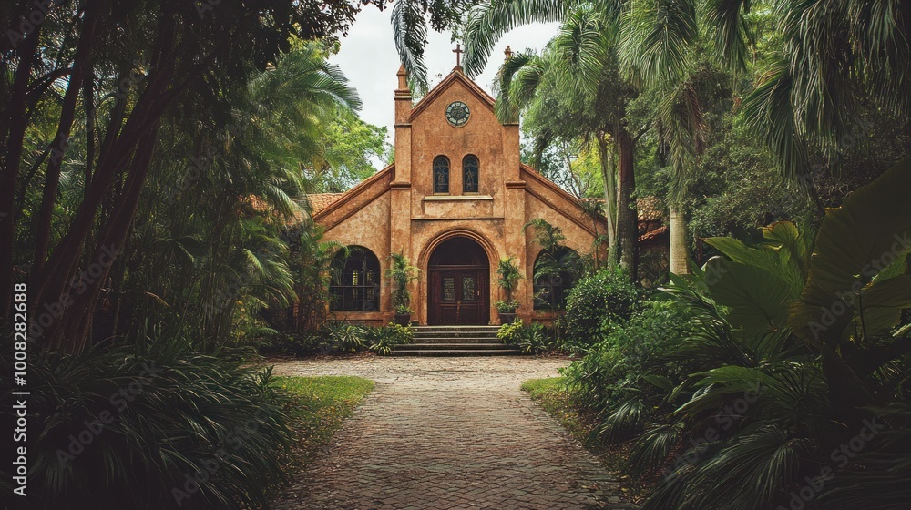 Obraz premium A stone pathway leads to an old church hidden within a lush, tropical forest.