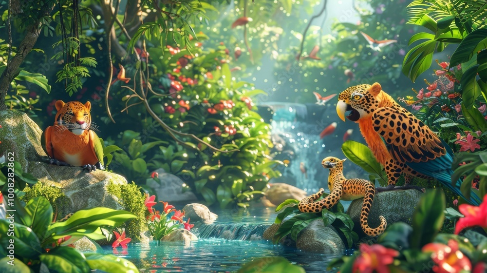 A 3D cartoon jungle scene with various animals like parrots, snakes, and leopards interacting in their natural habitat 3D cartoon A 3D cartoon jungle scene with various animals like parrots, snakes, and leopards interacting in their natural habitat 3D cartoon