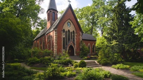 A red brick chapel with a tall steeple, surrounded by lush greenery and a stone path.