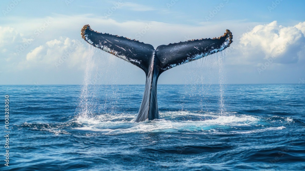 Humpback whale tail breaching the surface of the ocean, creating a ...