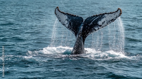 A humpback whale tail breaking the water surface, creating a spray of water droplets.