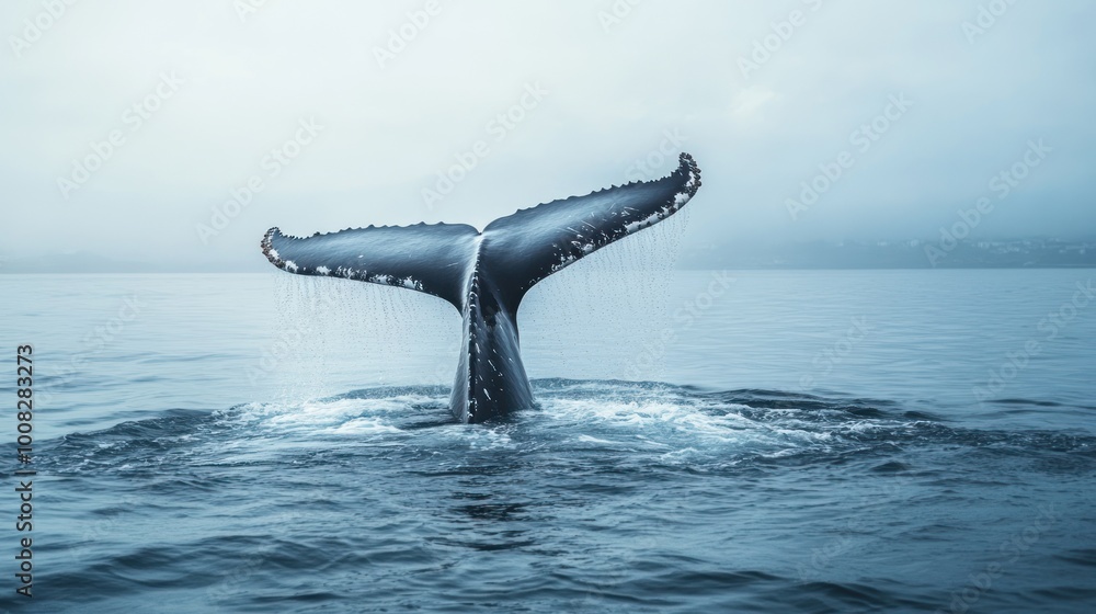 Naklejka premium Whale tail breaching the surface of the ocean on a misty day.