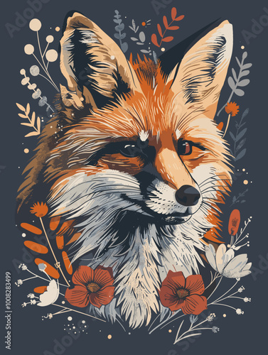 A fox is the main subject of the image, with a flowery background. The fox is smiling, giving the impression of a happy and playful animal. Scene is lighthearted and cheerful