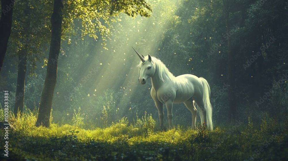 A majestic white unicorn stands in a sun-dappled forest, bathed in the golden rays of sunlight streaming through the trees. A majestic white unicorn stands in a sun-dappled forest, bathed in the golden rays of sunlight streaming through the trees.